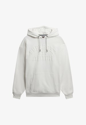 Witte hoodie van zacht materiaal, met een voorzak in kangoeroestijl, een trekkoordkap en reliëftekst "Superdry NYC Athletics".