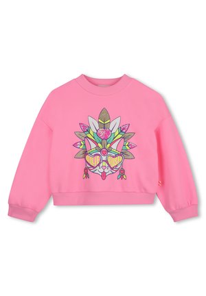Roze longsleeve sweater met geribde kraag en manchetten, met een kleurrijke kat die een hartvormige zonnebril en een gevederde hoofdtooi draagt.