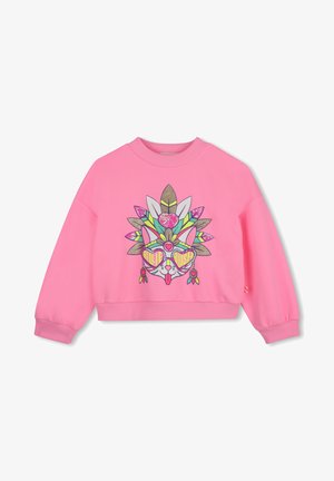 Roze longsleeve sweater met geribde kraag en manchetten, met een kleurrijke kat die een hartvormige zonnebril en een gevederde hoofdtooi draagt.