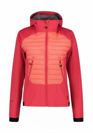 Red and light orange jacket with a zip front, quilted body, and two zippered side pockets; features a hood and black accents at cuffs.