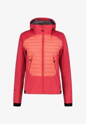 Rode en licht-oranje jas met een rits aan de voorkant, gewatteerd lichaam en twee ritszakken aan de zijkant; heeft een capuchon en zwarte accenten bij de manchetten.