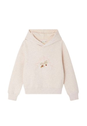 Felpa leggera beige con cappuccio regolabile, polsini e orlo a costine, caratterizzata da un ricamo floreale nei colori pastello sulla parte anteriore.