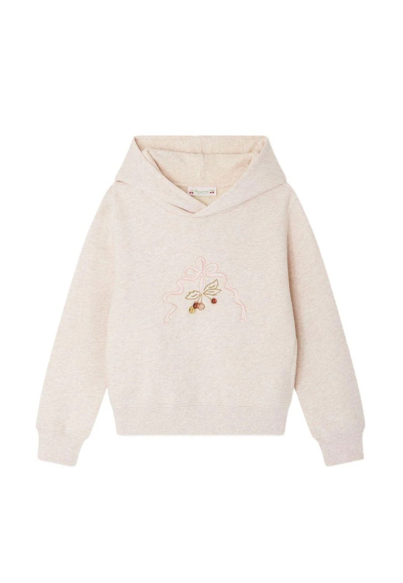 Felpa leggera beige con cappuccio regolabile, polsini e orlo a costine, caratterizzata da un ricamo floreale nei colori pastello sulla parte anteriore.