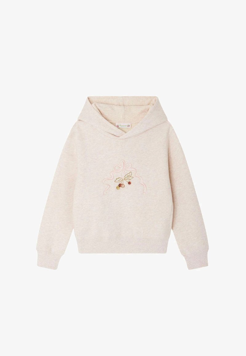 Felpa leggera beige con cappuccio regolabile, polsini e orlo a costine, caratterizzata da un ricamo floreale nei colori pastello sulla parte anteriore.