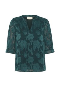 Blusa floreale color teal con scollatura a V, tessuto semi-trasparente e maniche 3/4. Presenta fiori ricamati in un motivo tonale e polsini gathered.