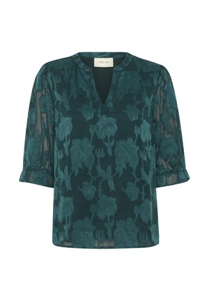 Teal floral blouse with a V-neck, semi-sheer fabric, and 3/4 sleeves. Features embroidered flowers in a tonal pattern and gathered cuffs.