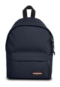 Dunkelblauer Eastpak-Rucksack mit einem Hauptfach, einer Vordertasche, strukturiertem Stoff, schwarzen Reißverschluss-Akzenten und einem oberen Griff.