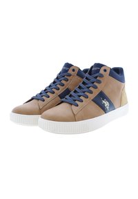 Sneakers alte in pelle marrone con dettagli blu, suola in gomma bianca, punta rotonda e logo ben visibile sul lato. Presentano lacci blu.