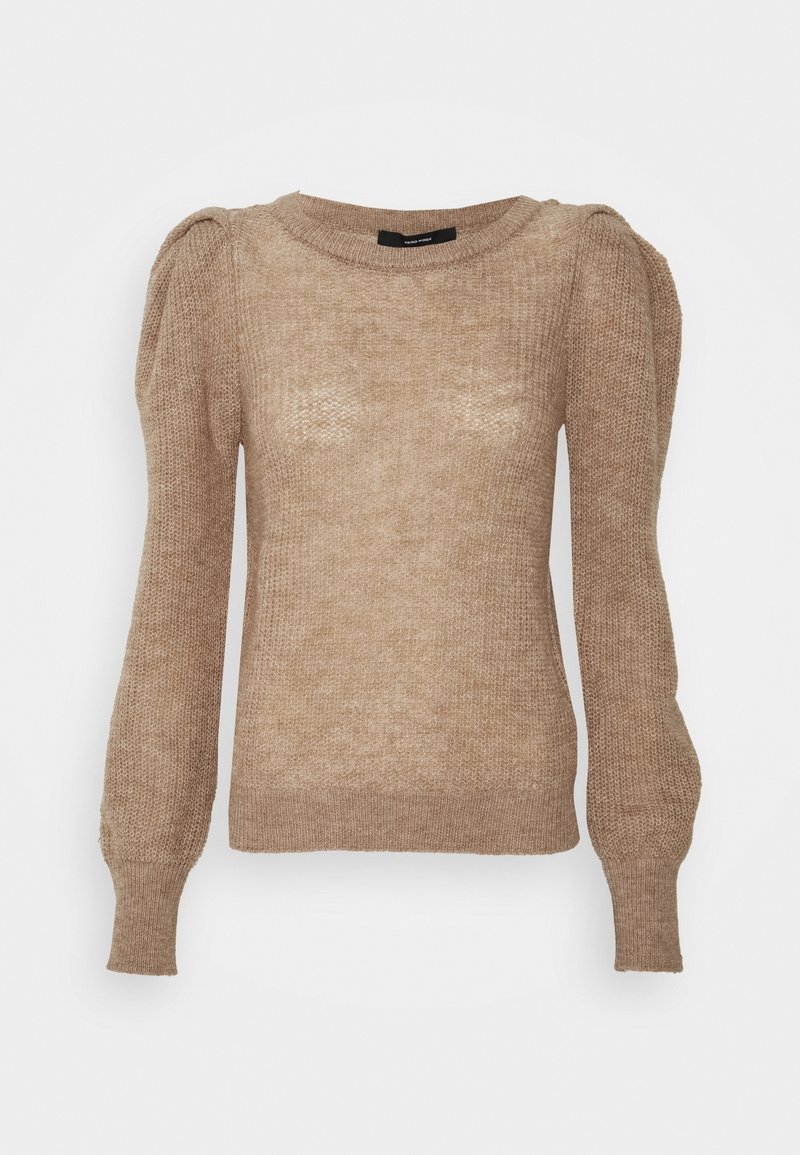 Pull beige en maille à manches longues avec épaules bouffantes, poignets ajustés, encolure ronde et tissu légèrement texturé.