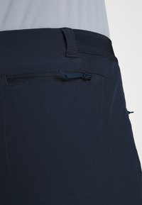 Pantaloni corti da esterno blu navy con tasca con zip sicura, vita elastica e tessuto morbido e leggero. Cuciture ben rifinite.
