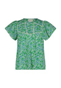 Groene en blauwe bloempatronen top met korte fladdermouwen, ronde hals en decoratieve stiksel langs de schouderpas en het voorpaneel.