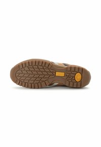 Bruine rubberen buitenzool met een gestructureerd patroon voor grip, voorzien van een gele cirkelvormige accent en een zichtbaar logo aan de zijkant.