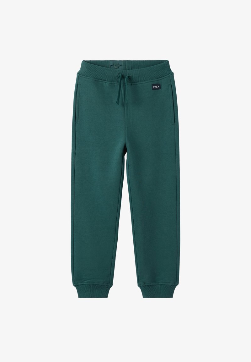 Groene katoenen sweatpants met een trekkoord in de taille, geribbelde boorden, zijzakken en een logo-opdruk op de tailleband. Gladde textuur.