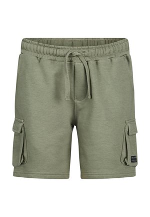Lässige Shorts in Olivgrün mit elastischem Bund, Kordelzug, seitlichen Klappentaschen und kleinem schwarzem Markenlabel an der linken Tasche.