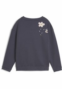 Sudadera gris oscuro con un gráfico de cara de caricatura y flores en la parte posterior, con un cuello redondo y mangas largas. Textura de tela suave.