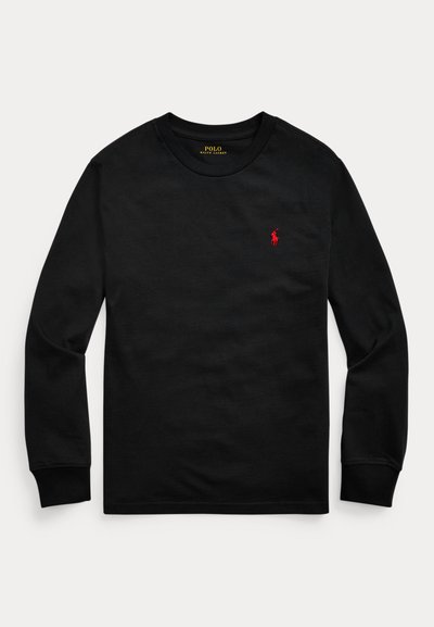 Tricou negru cu mâneci lungi și guler rotund, cu logo Polo Ralph Lauren roșu brodat pe pieptul stâng.