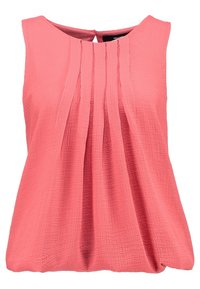 Blusa senza maniche corallo con fronte plissettato, scollatura rotonda e tessuto strutturato. Leggera, con una vestibilità ampia e un leggero drappeggio all'orlo.