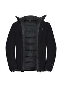 Giacca nera isolata con un tessuto esterno liscio, chiusura con zip e un rivestimento interno imbottito. Include un cappuccio e polsini regolabili.