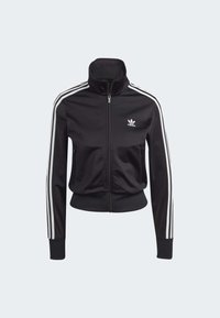 Schwarze Zip-Jacke aus glattem Stoff mit weißen Drei-Streifen-Akzenten an den Ärmeln und einem kleinen weißen Logo auf der Brust.