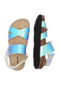 Iridescente sandalen met brede kruiselings gespen, een gevoerde voetbed en een zwarte rubberen zool. Verstelbare enkelband met gespdetail.