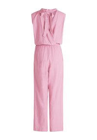 Roze linnen jumpsuit met een mouwloze uitstraling, een gewikkelde voorkant en een gestrikt nekgedeelte. Elastische taille en wijde pijpen.
