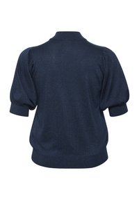 Maglione lavorato a maglia di un blu navy con maniche corte e a sbuffo, caratterizzato da un colletto alto e un lieve luccichio, finitura texturizzata e orlo a coste.