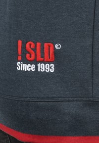 Sudadera de color gris oscuro con el logo bordado en rojo "! SLD" y "Desde 1993." Presenta un dobladillo y puños acanalados, y una textura de tela suave.