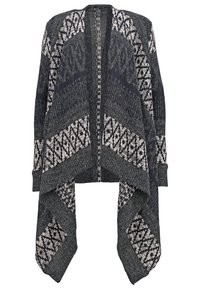Cárdigan de punto con frente abierto, que presenta un patrón geométrico en gris oscuro y crema, dobladillo asimétrico y mangas anchas.