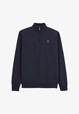 Pull-over bleu marine à manches longues avec zip quart, bords côtelés aux poignets et à l'ourlet, et petit logo rond sur la poitrine gauche.