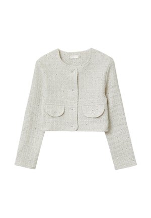 Veste courte en tweed gris clair avec manches longues, encolure ronde, fermeture par boutons et deux poches à rabat à l'avant.