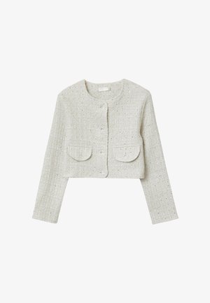 Giacca corta in tweed grigio chiaro con maniche lunghe, scollo rotondo, chiusura con bottoni e due tasche frontali con patta.