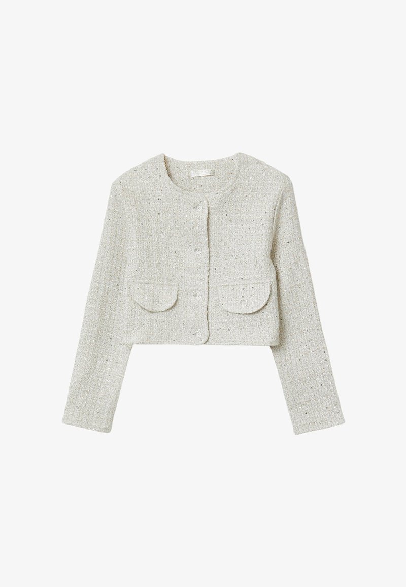 Giacca corta in tweed grigio chiaro con maniche lunghe, scollo rotondo, chiusura con bottoni e due tasche frontali con patta.