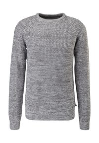 Grauer, gestrickter Pullover mit Rundhalsausschnitt, langen Ärmeln, gerippten Bündchen und Saum, der ein strukturiertes Muster aufweist.