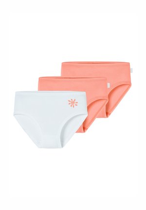 Sæt med bomulds hipster trusser bestående af tre dele: én hvid og to koralfarvede. Har et solmønster på den hvide del. Blød tekstur.
