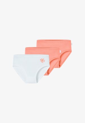 Katoenen hipster ondergoed set met drie items: één witte en twee koraalperzik kleurige. Bevat een zonnenpatroon op het witte stuk. Zachte textuur.