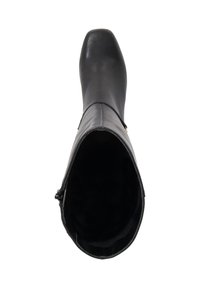 Black leather knee-high boot with a square toe, smooth texture, and an inner lining. Features a zip closure on the side.