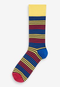 Gestreifte Socke mit gelbem Bündchen, roten, blauen, schwarzen und gelben horizontalen Streifen, einer roten Zehenpartie und einem gerippten Muster.