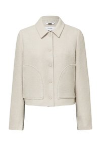 Helle beige, kurz geschnittene Jacke aus strukturiertem Stoff. Verfügt über einen Kragen, eine durchgehende Knopfverschluss und zwei große aufgesetzte Taschen vorne.