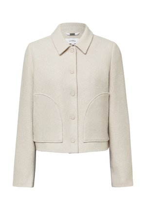 Helle beige, kurz geschnittene Jacke aus strukturiertem Stoff. Verfügt über einen Kragen, eine durchgehende Knopfverschluss und zwei große aufgesetzte Taschen vorne.