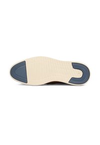 Suola di scarpa con una base in gomma beige, strutturata per la presa, dispone di un accento blu sul tallone; forma curvata e motivo battistrada visibile.