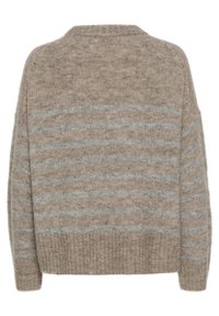 Beige trui met lichtblauwe horizontale strepen. Gemaakt van een zachte, gestructureerde stof. Verlaagde schouders en geribbelde zoom. Achteraanzicht weergegeven.