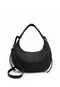 Sac à main en cuir noir avec une forme incurvée, une poignée tressée et une bandoulière réglable. Surface texturée et détails en métal doré.