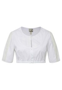 Blusa bianca corta con maniche corte, con dettagli in pizzo sulle spalle, scollatura rotonda e chiusura con bottoni davanti.
