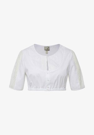Blusa bianca corta con maniche corte, con dettagli in pizzo sulle spalle, scollatura rotonda e chiusura con bottoni davanti.