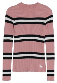 Maglione a coste color rosa con strisce orizzontali in bianco e nero. Presenta un collo rotondo e un logo ricamato vicino al fondo.