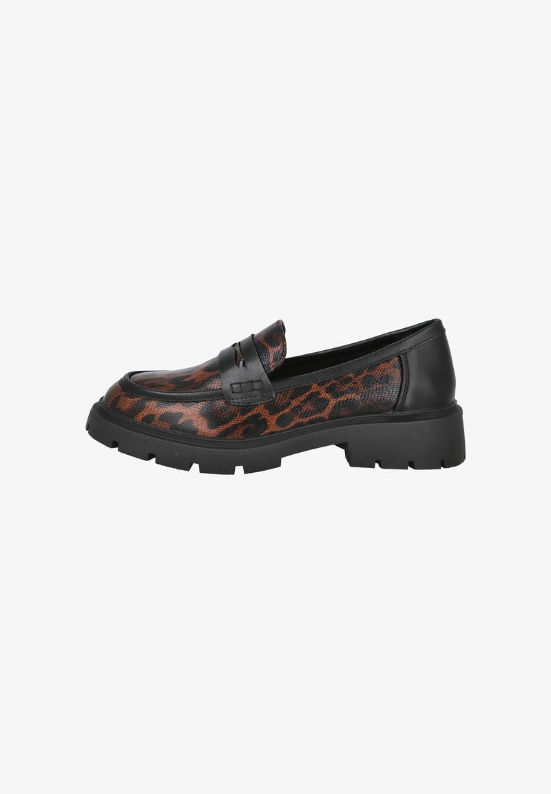 Mocasines con estampado de leopardo marrón y negro con un acabado texturizado. Presentan un acento de cuero negro y una suela de goma negra gruesa.