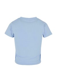 Light blue cotton t-shirt with short sleeves, rounded neckline, and a smooth texture. Rear view shows a simple, plain design without graphics.