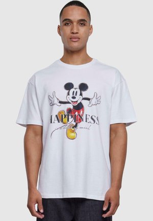 Hvit bomull T-skjorte med kort erme som har et grafisk bilde av Mickey Mouse og teksten "LYKKE er en sinnstilstand" i svart og gult.