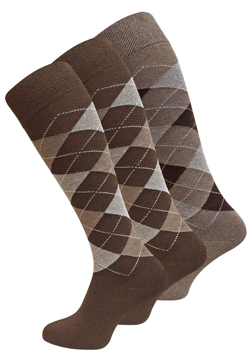 Calze marroni fino al ginocchio con un motivo a diamante in diverse tonalità di marrone e beige, con una parte superiore marrone uniforme e cuciture bianche sottili.