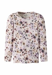 Chemise à manches longues pour tout-petit avec un motif floral pastel dans des tons violet, brun et beige sur un fond clair.
